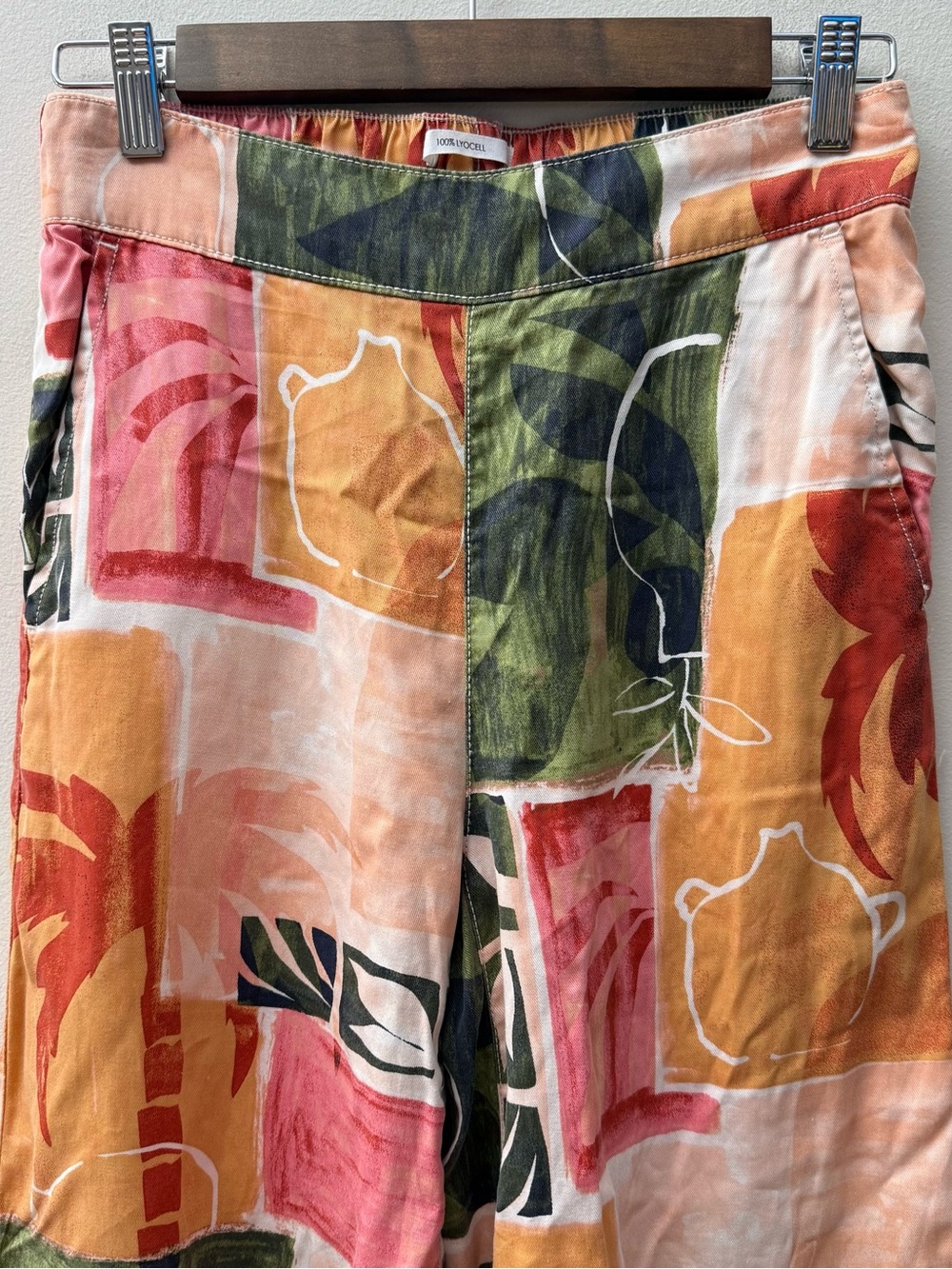 Nicole Miller Tropical Print Wide-Leg Pants — Orange, Green, Cream - Picture 2 of 6